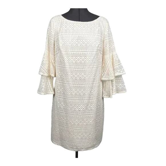 Eliza J Women's 8 Cream Lace Round Neck 3/4 Bell Sleeve Pattern Formal Dress - Picture 1 of 16